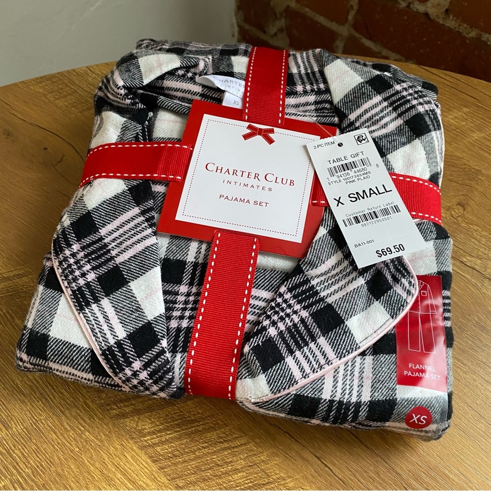 NWT Macy’s Charter Club pink plaid flannel pajama set size XS